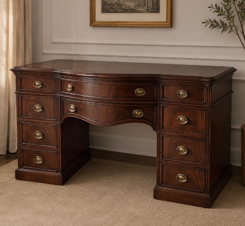 Photo 1 of MAHOGANY KIDNEY SHAPE VANITY W 10 TONGUE & GROOVE DRAWERS 66" X 22" H 37"