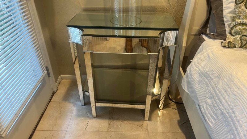 Photo 1 of MODERN MIRRORED CONSOLE TABLE FEAT W CRYSTAL DRAWER KNOB & VERTICAL FLUTED GLASS PANELING 28“ x 20“ x H28 1/4“