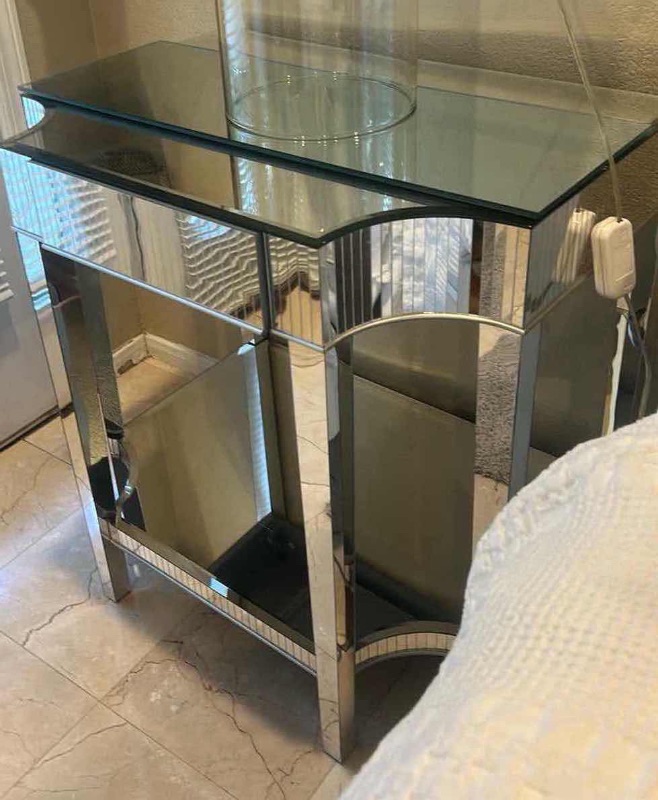 Photo 1 of MODERN MIRRORED CONSOLE TABLE FEAT W CRYSTAL DRAWER KNOB & VERTICAL FLUTED GLASS PANELING 28“ x 20“ x H28 1/4“