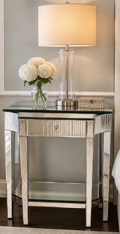 Photo 1 of MODERN MIRRORED CONSOLE TABLE FEAT W CRYSTAL DRAWER KNOB & VERTICAL FLUTED GLASS PANELING 28“ x 20“ x H28 1/4“