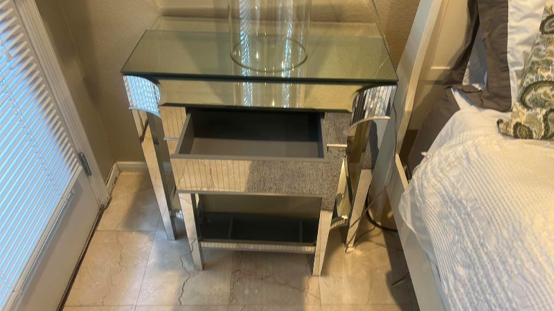 Photo 1 of MODERN MIRRORED CONSOLE TABLE FEAT W CRYSTAL DRAWER KNOB & VERTICAL FLUTED GLASS PANELING 28“ x 20“ x H28 1/4“