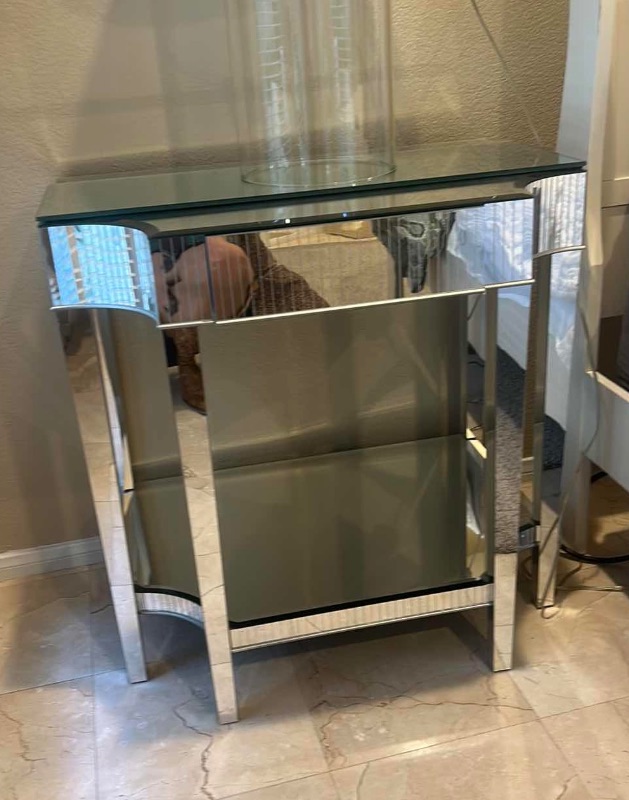 Photo 1 of MODERN MIRRORED CONSOLE TABLE FEAT W CRYSTAL DRAWER KNOB & VERTICAL FLUTED GLASS PANELING 28“ x 20“ x H28 1/4“