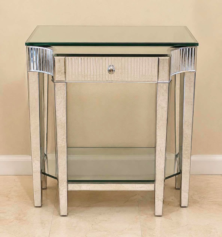 Photo 1 of MODERN MIRRORED CONSOLE TABLE FEAT W CRYSTAL DRAWER KNOB & VERTICAL FLUTED GLASS PANELING 28“ x 20“ x H28 1/4“