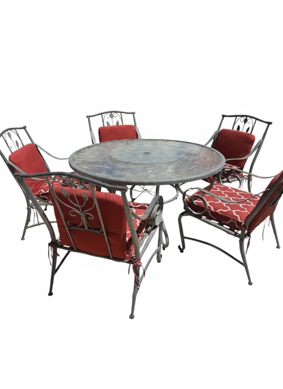 Photo 1 of GREY PATIO DINING TABLE W CIRCULAR GLASS TOP ETCHED W LEAF DESIGNS & INTEGRATED LASY SUSAN 60" CHAIRS SOLD SEPARATELY