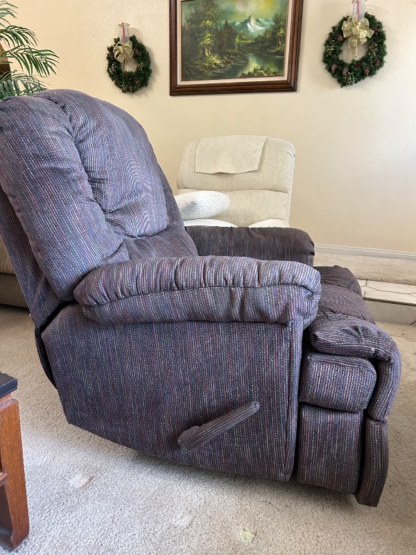 Photo 1 of FABRIC ROCKER RECLINER WITH PADDED ARMREST AND HIGH CHANNEL TUFTED BACK REST. 32” x 34” x H39”.