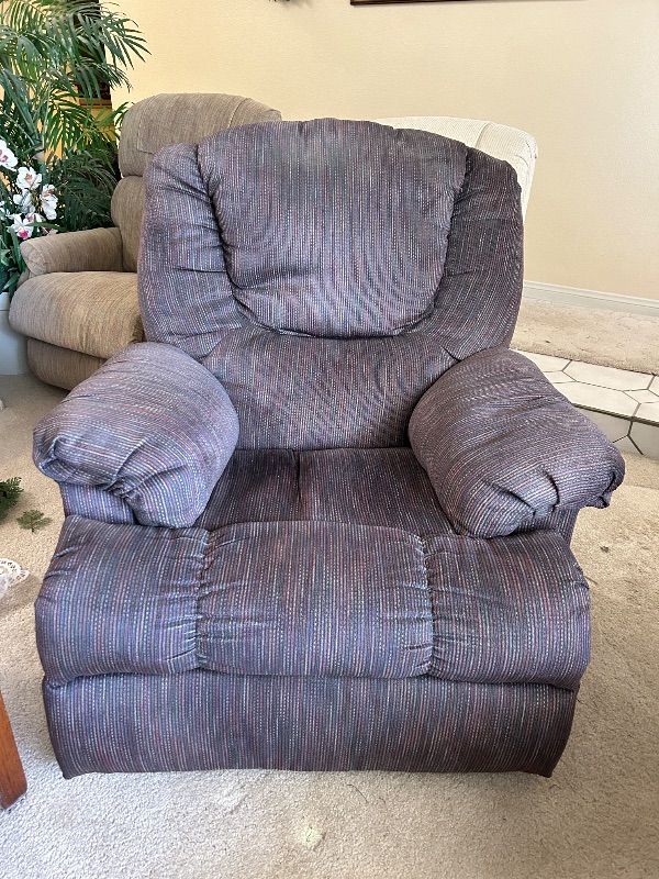 Photo 1 of FABRIC ROCKER RECLINER WITH PADDED ARMREST AND HIGH CHANNEL TUFTED BACK REST. 32” x 34” x H39”.