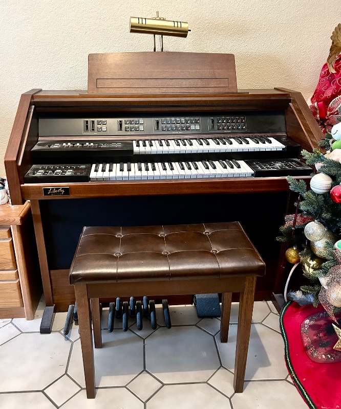 Photo 1 of VINTAGE ESTEY LIBERTY ELECTRIC CONSOLE ORGAN W TUFTED FAUX LEATHER BENCH.