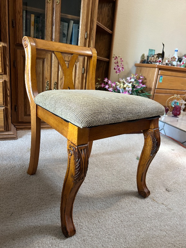 Photo 1 of VINTAGE EMPIRE REGENCY STYLE CARVED WALNUT SMALL SIDE CHAIR W TEXTURED UPHOLSTER CUSHION SEAT 18.50 x 20” x H27” $150