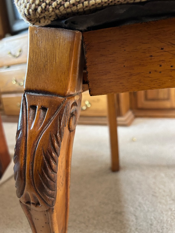 Photo 1 of VINTAGE EMPIRE REGENCY STYLE CARVED WALNUT SMALL SIDE CHAIR W TEXTURED UPHOLSTER CUSHION SEAT 18.50 x 20” x H27” $150
