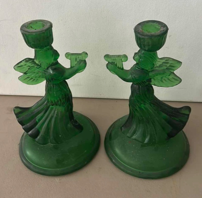 Photo 1 of GREEN GLASS ANGEL CANDLE HOLDERS H8 1/2”