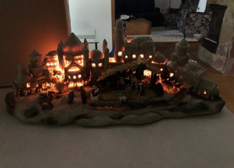 Photo 1 of DECORATIVE HEAVY RESIN TEXTURED NATIVITY SCENE W INTERNAL LIGHTING & PLAYS " LITTLE TOWN OF BETHLEHEM" 19” x H7”