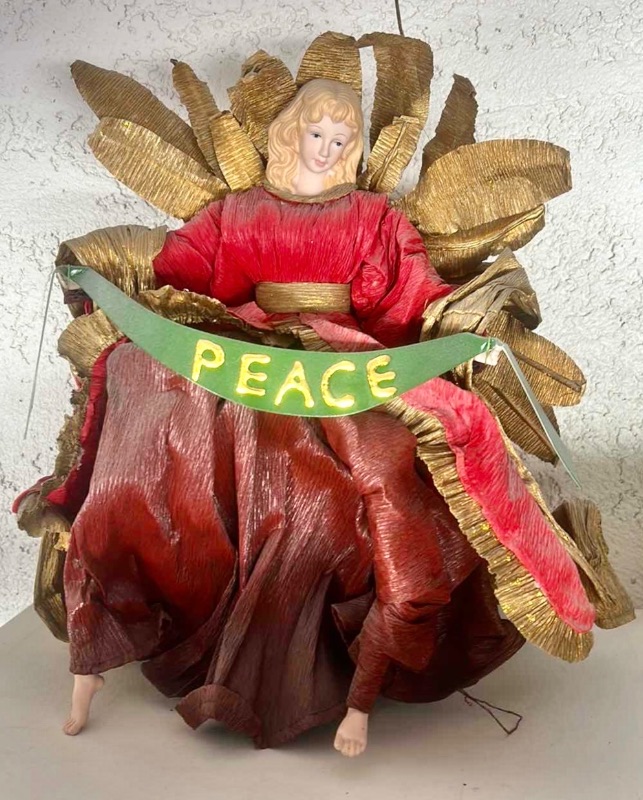 Photo 1 of VINTAGE PAPER MACHE CHRISTMAS ANGEL TREE TOPPER W GOLD PAPER WINGS H17”