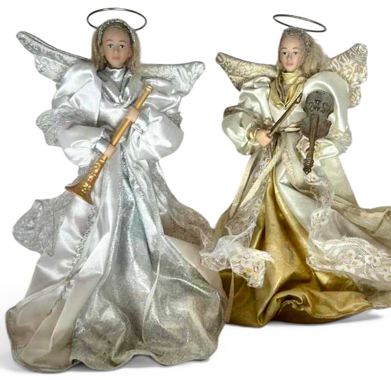 Photo 1 of 2 DECORATIVE ANGEL CHRISTMAS TREE TOPPERS W PORCELAIN FACES & DETAILED FABRIC GOWNS H13”