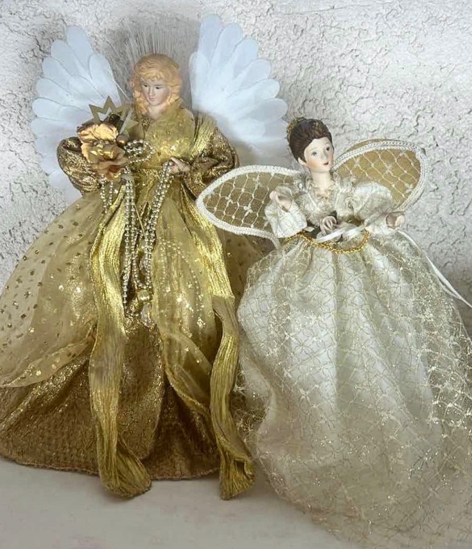 Photo 1 of 2 DECORATIVE ANGEL CHRISTMAS TREE TOPPERS W PORCELAIN FACES & DETAILED FABRIC GOWNS H15”