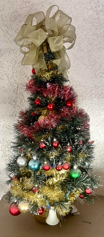 Photo 1 of MINATURE DECORATED TABLETOP CHRISTMAS TREE W GOLD RIBBON BOW H31”