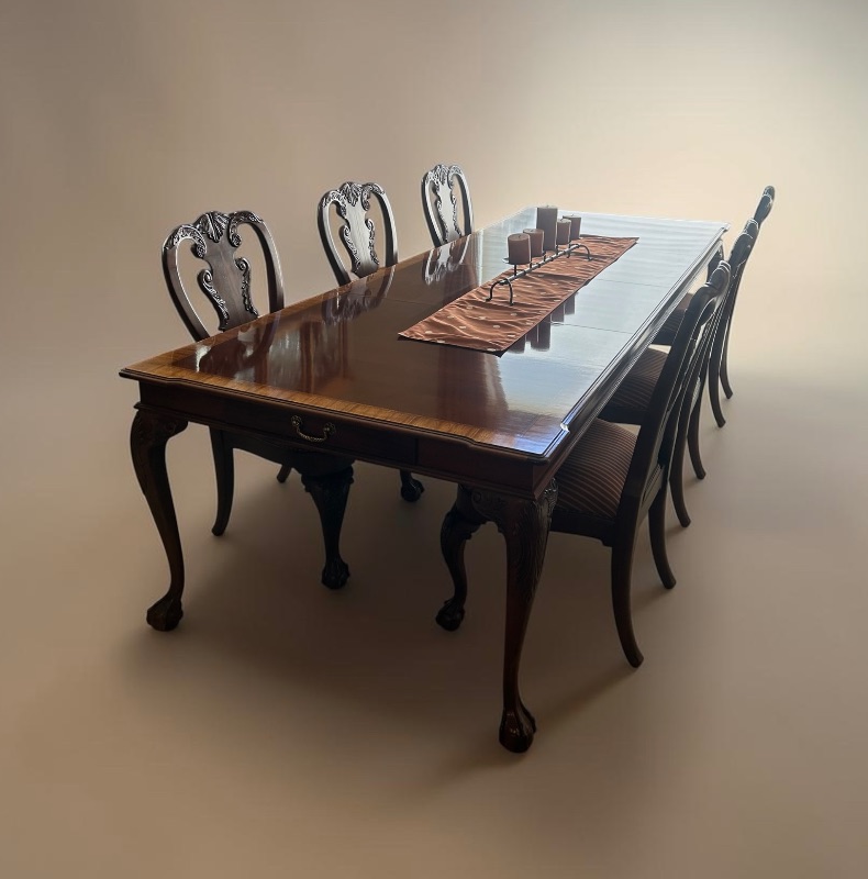 Photo 1 of ETHAN ALLEN MAHOGANY BALL & CLAW DINING TABLE INLAID BORDER 2 DRAWERS & TABLE PADS INCLUDED 42" X 118" H 29" CHAIRS SOLD SEPARATELY