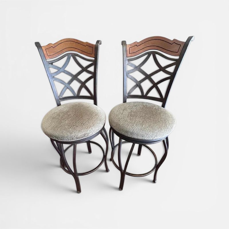 Photo 1 of SOMETTE AUTUMN RUST SWIVEL STOOL W LATTICE STYLE BACKREST DARK BROWN TOP BEIGE UPHOLSTERY SEAT H 25" $ 160