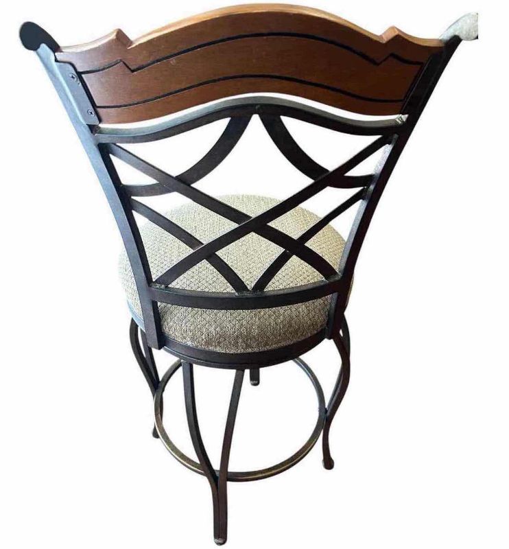 Photo 1 of SOMETTE AUTUMN RUST SWIVEL STOOL W LATTICE STYLE BACKREST DARK BROWN TOP BEIGE UPHOLSTERY SEAT H 25" $ 160