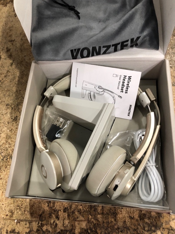 Photo 1 of **EAR BROKEN** Headset, Bluetooth Headset with Microphone, AI Noise Canceling Mic & USB Dongle, Wireless Headphones with Mic Mute & Charging Base for Work from Home/Office/Call Center/PC/Laptop/Zoom