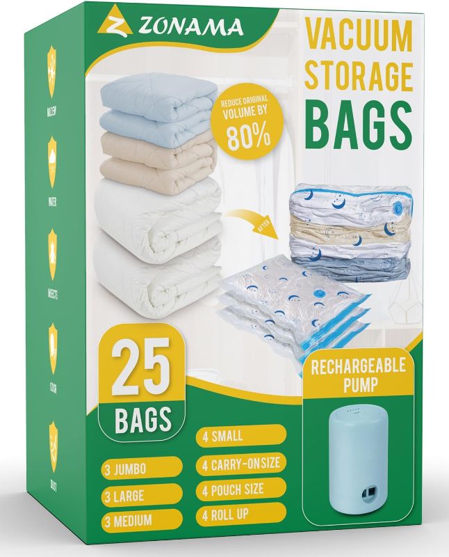 Photo 1 of **PARTIAL SET/2 BAGS** Travel Compression Bags, 25 Pack Vacuum Storage Bags with 1500mAh Rechargeable Battery, Vacuum Seal Bag for Space Saving Clothes, Blanket, Duvets, Pillows, Comforters, Travel Essentials, Luggage