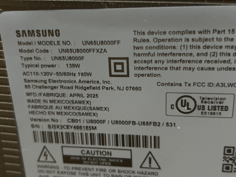 Photo 1 of *** PARTS ONLY ***Samsung 65-Inch Class Crystal UHD U8000F 4K Smart TV (2025 Model) Endless Free Content, Crystal Processor 4K, MetalStream Design, Knox Security, Alexa Built-in