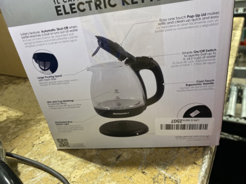 Photo 1 of **MISSING A BASE PLUG IN PIECE** Elite Gourmet EKT1001 Electric 1.0L BPA-Free 1100W Glass Kettle Cordless 360° Base, Stylish Blue LED Interior, Handy Auto Shut-Off Function – Quickly Boil Water For Tea & More, Black