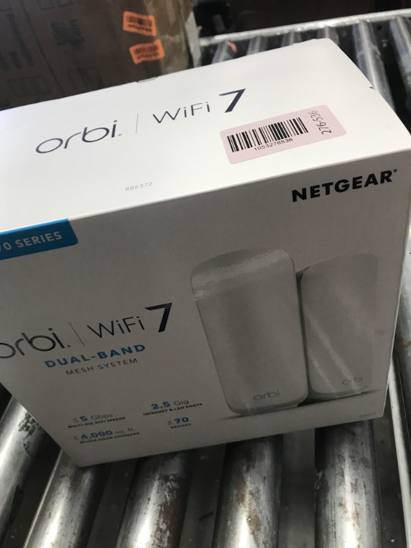 Photo 1 of ********************Missing 1 original power supply******************
NETGEAR Orbi 370 Series Dual-Band WiFi 7 Mesh Network System for Home (RBE372) – Wireless Router + 1 Extender, Security Features, 5 Gbps, Covers 4,000 sq.ft., 70 Devices, 2.5GB Internet