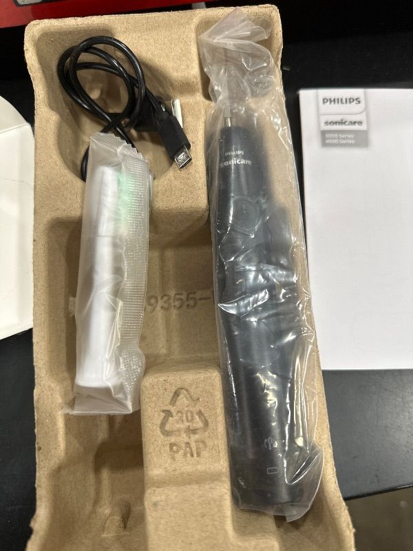 Photo 1 of (USED/FAIR) (MISSING CHARGER) Philips Sonicare 4100 Rechargeable Electric Toothbrush, with Pressure Sensor, 2 Intensity Settings, SmarTimer and QuadPacer, 14-Day Battery Life, Black, Model HX3681/24