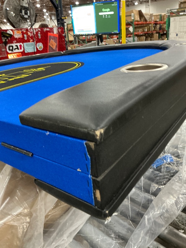 Photo 1 of *SLIT DAMAGE//CRACKED CORNER**** Barrington Billiards 10 Player Classic Poker Table with Padded Rails and Cup Holders, Black/Blue, 84 Inches