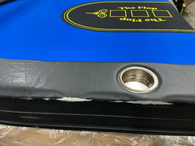 Photo 1 of *SLIT DAMAGE//CRACKED CORNER**** Barrington Billiards 10 Player Classic Poker Table with Padded Rails and Cup Holders, Black/Blue, 84 Inches
