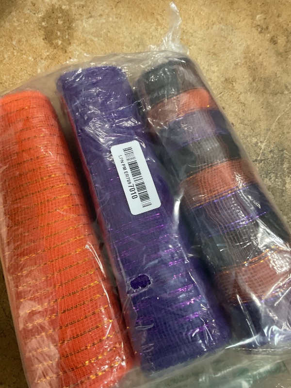 Photo 1 of JStnana 4 Rolls Deco Mesh Ribbon for Halloween Wreath Making Supplies, 10Inch x 30Ft Metallic Burlap Orange Purple Black Stripe Deco Mesh Rolls for Thanksgiving Halloween DIY Crafts Wreath Decor