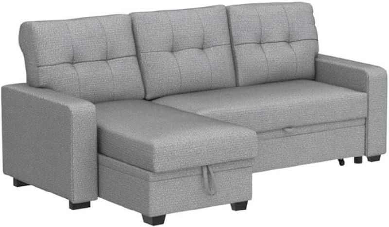 Photo 1 of **BOX 2/3** L-Shaped Polyester Fabric Reversible, Easy Convertible Pull-Out Sleeper Sectional Sofa/Storage Chaise with Tufted Back Cushions and Track Arms in Light Gray