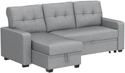 Photo 1 of **BOX 1/3** L-Shaped Polyester Fabric Reversible, Easy Convertible Pull-Out Sleeper Sectional Sofa/Storage Chaise with Tufted Back Cushions and Track Arms in Light Gray