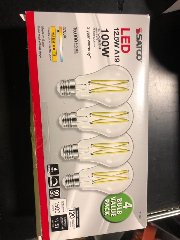 Photo 1 of Satco S12442 A19 LED 4-Bulb Value Pack, 100W Replacement, 2700K, Clear