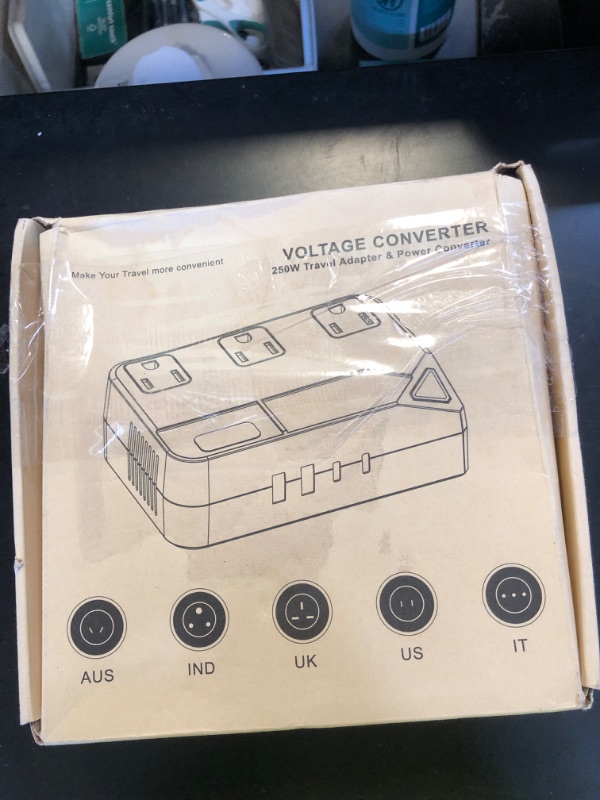 Photo 1 of Universal 100V-220V Travel Converter?250W Voltage Converter with 2 USB and 2 USB-C Charging Ports and 3 AC Plugs for curlers, straighteners, Included Plugs are Type A, C, D, G, I, L