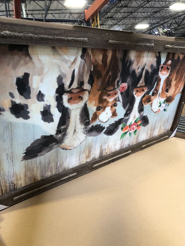 Photo 1 of Wooden Farmhouse Cute Cattle Wall Art: Large Rustic Framed Wall Decor Funny Farm Animal Theme Artwork Prints Flower Crown Cow Picture for Home Office Bedroom Living Room Decoration 48x24 inch