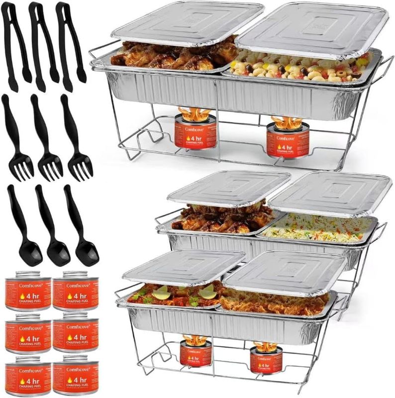 Photo 1 of Disposable Chafing Dish Buffet Set, 33 Piece of Chafing Servers with Food Warmers, Covers, Half-Size Food Pans, Water Trays, Serving Utensils, Foil Lids and 4Hr Fuel Cans for Parties, Catering