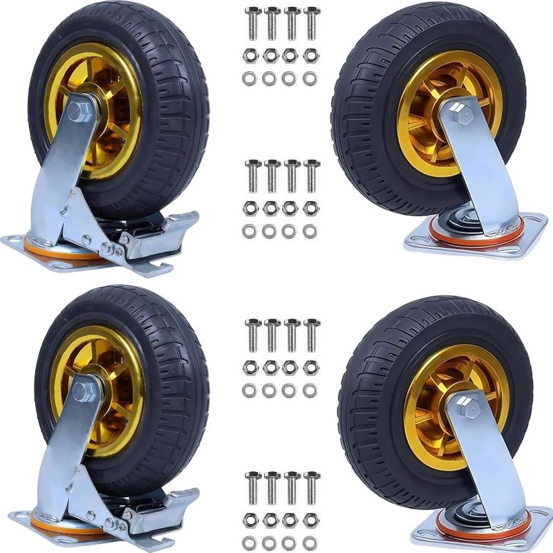 Photo 1 of 4 Pack 8 Inch Caster Wheels, Swivel Rubber Plate Caster with Top Plate and Screws, 2 Brake Wheels, for Furniture Transport Industrial Transport, 3000Lbs Load Capacity