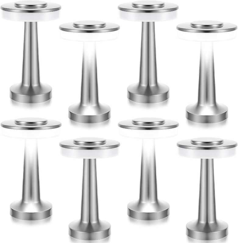 Photo 1 of 8 Pcs 8 Pcs Cordless Table Lamps LED Portable Rechargeable Table Lamp with Touch Sensor 3 Color Dimming up to 15 Hours Battery Desk Light for Restaurant Nursery Living Room (Silver)