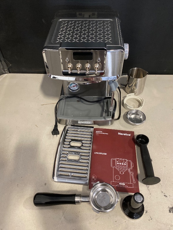Photo 1 of Neretva Espresso Machine, 58mm Professional Espresso Coffee Machine 15 Bar Retro Espresso Maker with Powerful Milk Frother & Visible Pressure Gauge for Home Barista Latte and Cappuccino Maker-Silver