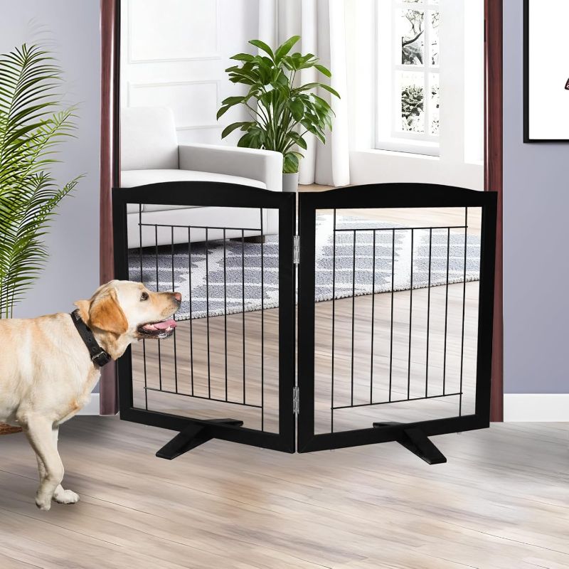 Photo 1 of Freestanding Dog Fence Indoor, Foldable Dog Gate for Doorways, Stairs or Hallways, Sturdy Wood Extra Wide Pet Gate with Support Feet for The House, Black, 24 "Height-2 Panels