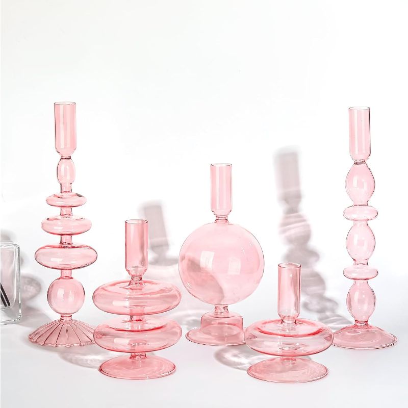 Photo 1 of 5 Pcs Glass Candlestick Holders Colorful Glass Taper Candle Stand Groovy Candlestick Wavy Boho Chic Clear Bases Holders Elegant Vase for Home Party Centerpiece (Pink)