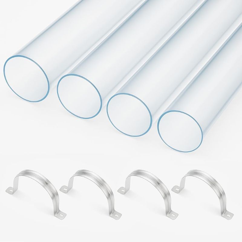 Photo 1 of 4 Pack Clear PC Pipe 4" x 36", Heavy Duty Polycarbonate Dust Collection Tubing, Transparent Rigid Plastic Tubes with 8 Stainless Steel Pipe Hangers for Woodworking, Dust Systems