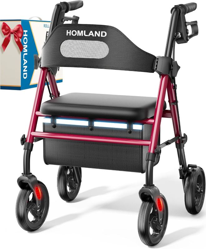 Photo 1 of HOMLAND Foldable Rollator Walkers with Seat for Seniors, 8'' Big Wheels, 350 lb. Weight Capacity, Adjustable Handles and Seat Height, Lightweight Rolling Walker, Red