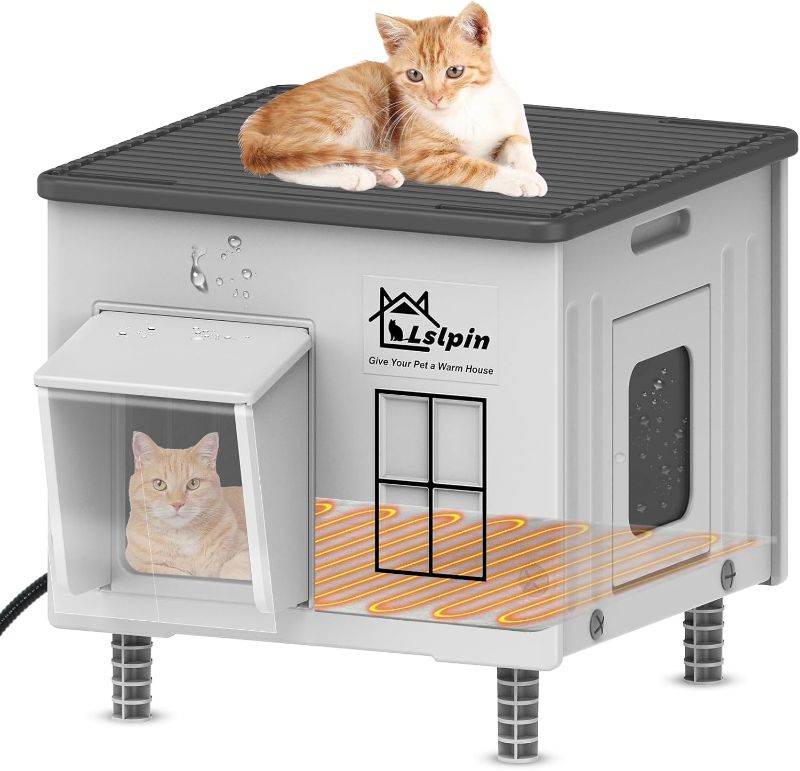 Photo 1 of Indestructible Heated Cat House for Outside Cats Winter,Weatherproof & Insulated & Elevated Feral Cat House with Escape Door, Outdoor Indoor Cat Shelter for Stray Barn Cat 17.7×14.9×17.5