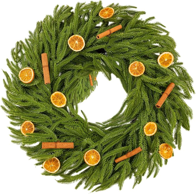 Photo 1 of Real Touch Norfolk Pine Wreath, Christmas Wreaths for Front Door with Natural Dried Orange Slices and Cinnamon Artificial Green Wreath Holiday Decoration for Indoor Outdoor Home Decor