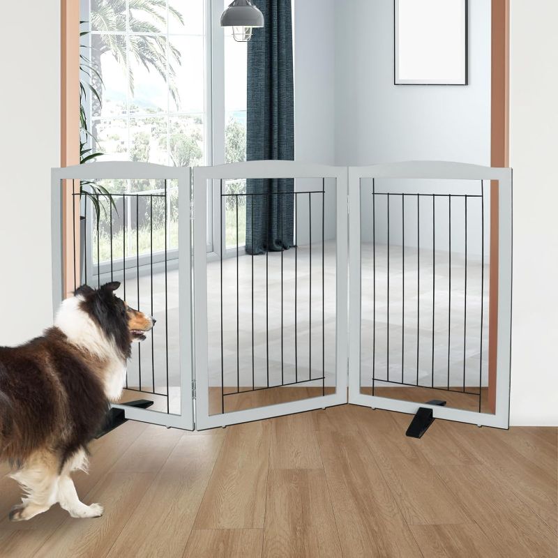 Photo 1 of Freestanding Dog Fence Indoor, Foldable Dog Gate for Doorways, Stairs or Hallways, Sturdy Wood Extra Wide Pet Gate with Support Feet for The House, Grey, 32 "Height-3 Panels