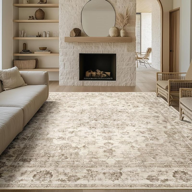 Photo 1 of 9x12 Neutral Area Rug Beige Vintage Living Room Bedroom Washable Carpet Non-Slip Soft Low Pile Floral Indoor Large Throw Rug for Dining Room Office