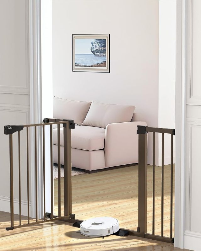 View 1 of Cumbor 29.7-46" Baby Gate for Stairs, Mom's Choice Awards Winner-Auto Close Dog Gate for the House, Easy Install Pressure Mounted Pet Gates for Doorways, Easy Walk Thru Wide Safety Gate for Dog, Brown
