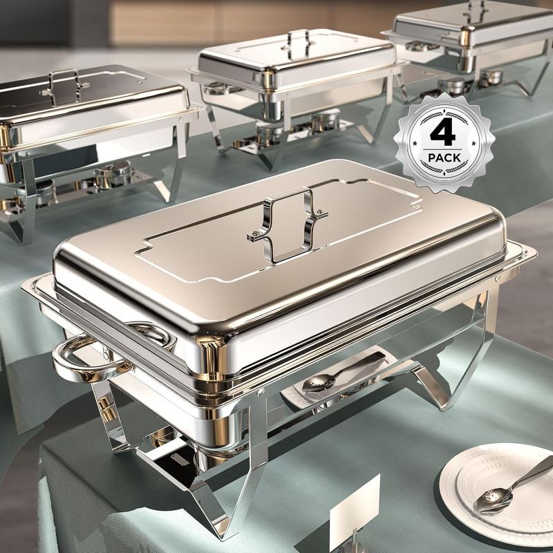 Photo 1 of Chafing Dishes for Buffet 4 Pack, 9QT [No Fingers Cut] Roll Edge Designed Chafing Dish Buffet Set [Mirror-Like Polished Finish] Food Warmers for Parties, Birthday, Holiday Parties, Church Events, etc